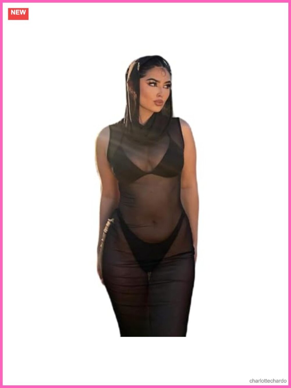 Women's Sheer Mesh Hooded Maxi Cover-Up Dress Sleeveless